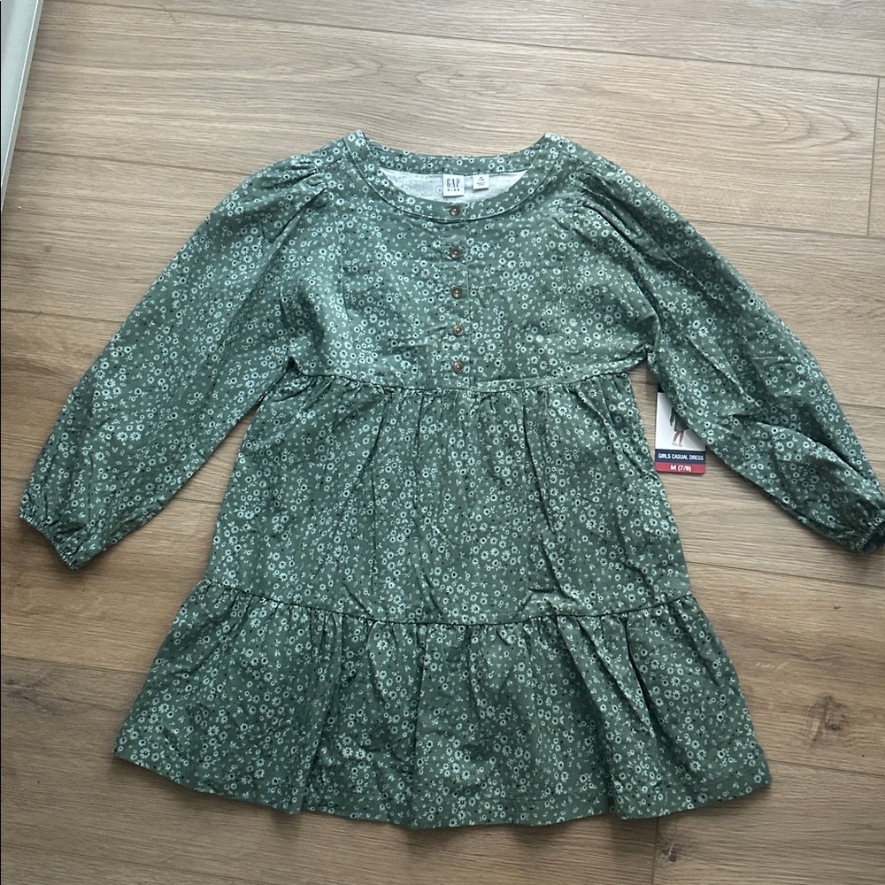 GAP Kids Green floral corduroy tiered Patterned Dress 7/8